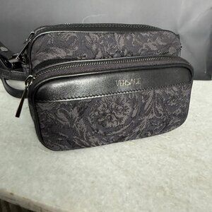 Versace 1012856 Black Jacquard and Leather Shoulder Bag